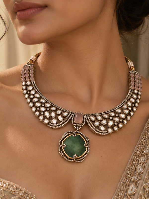 Zareen Emerald Polki Necklace & Earrings Set