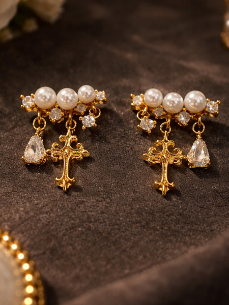 Divina Pearl Cross Drop Earrings