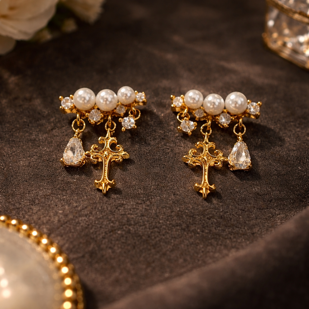 Divina Pearl Cross Drop Earrings