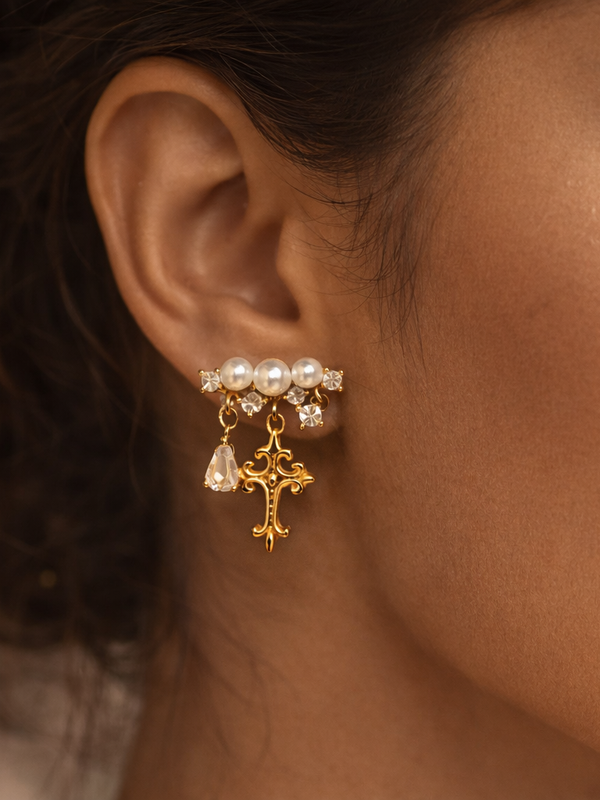 Divina Pearl Cross Drop Earrings