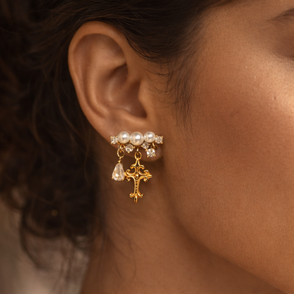 Divina Pearl Cross Drop Earrings