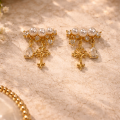 Divina Pearl Cross Drop Earrings