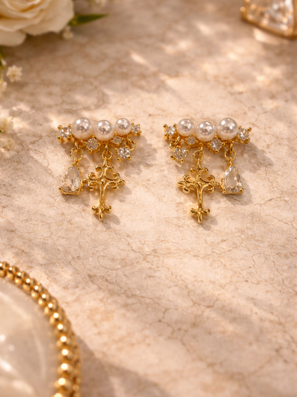 Divina Pearl Cross Drop Earrings