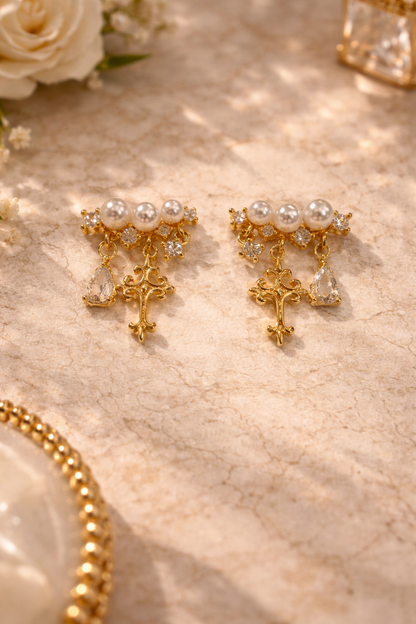 Divina Pearl Cross Drop Earrings