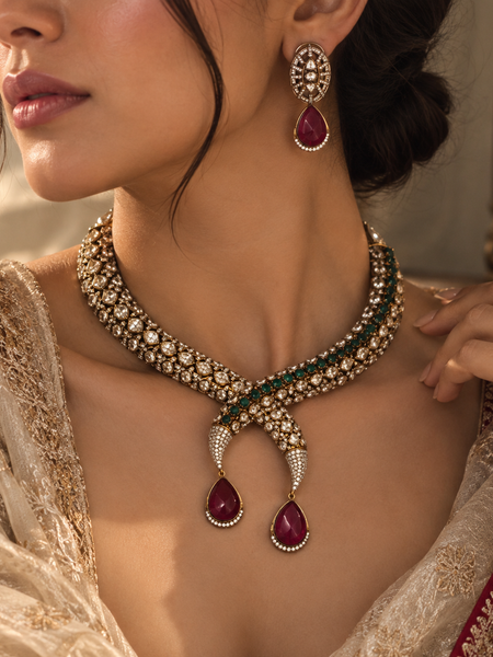 Aariz Ruby Polki Necklace & Earrings Set