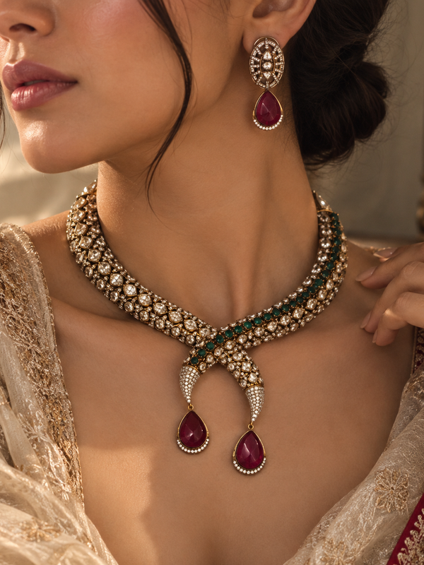 Aariz Ruby Polki Necklace & Earrings Set