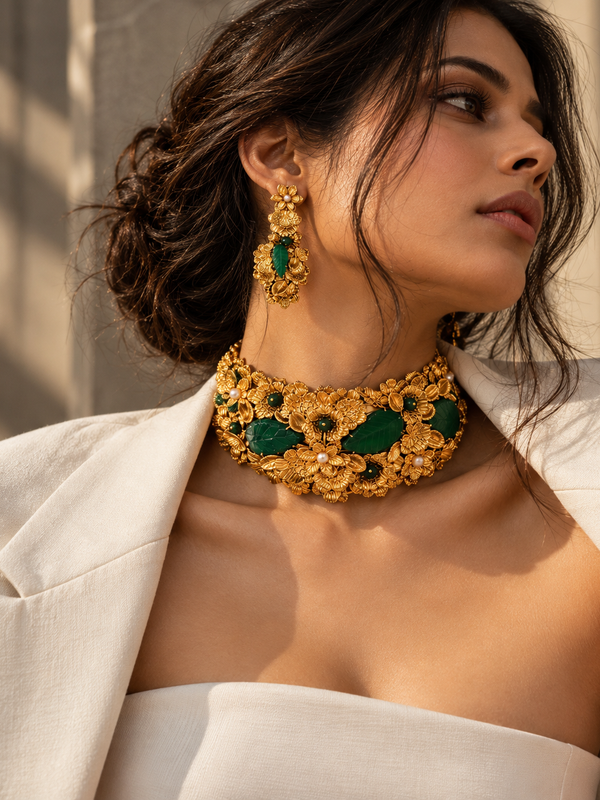 Gulbahar Emerald Floral Choker & Earrings Set
