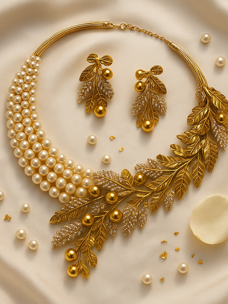 Golden Grace Pearl & Leaf Necklace Set