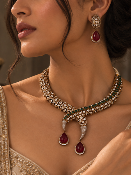 Aariz Ruby Polki Necklace & Earrings Set