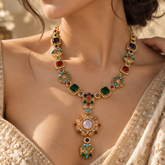 Mehr Navratna Long Necklace & Earrings Set