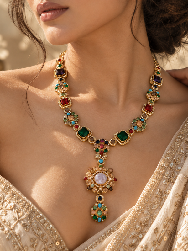 Mehr Navratna Long Necklace & Earrings Set
