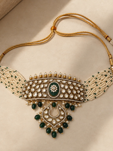 Zehra Emerald Kundan Choker & Chandbali Earrings Set
