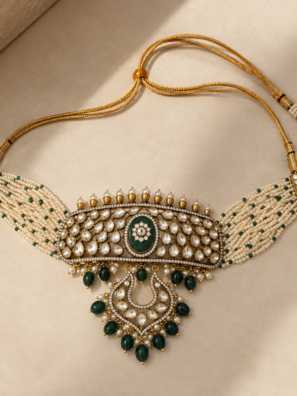 Zehra Emerald Kundan Choker & Chandbali Earrings Set