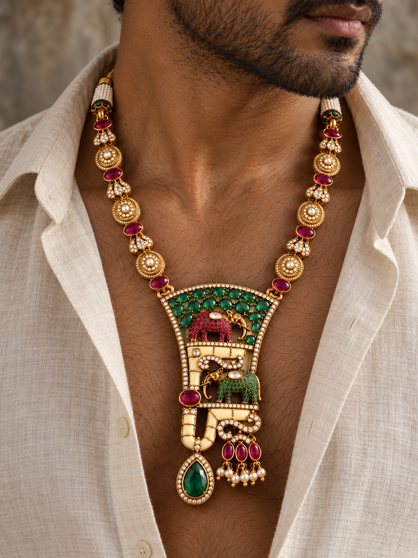 Rajvansh Emerald, Ruby & Polki Gold-Plated Men's Royal Haar