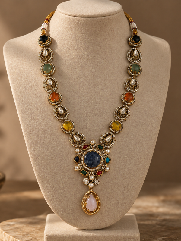 Nayab Navratna Necklace & Earrings Set
