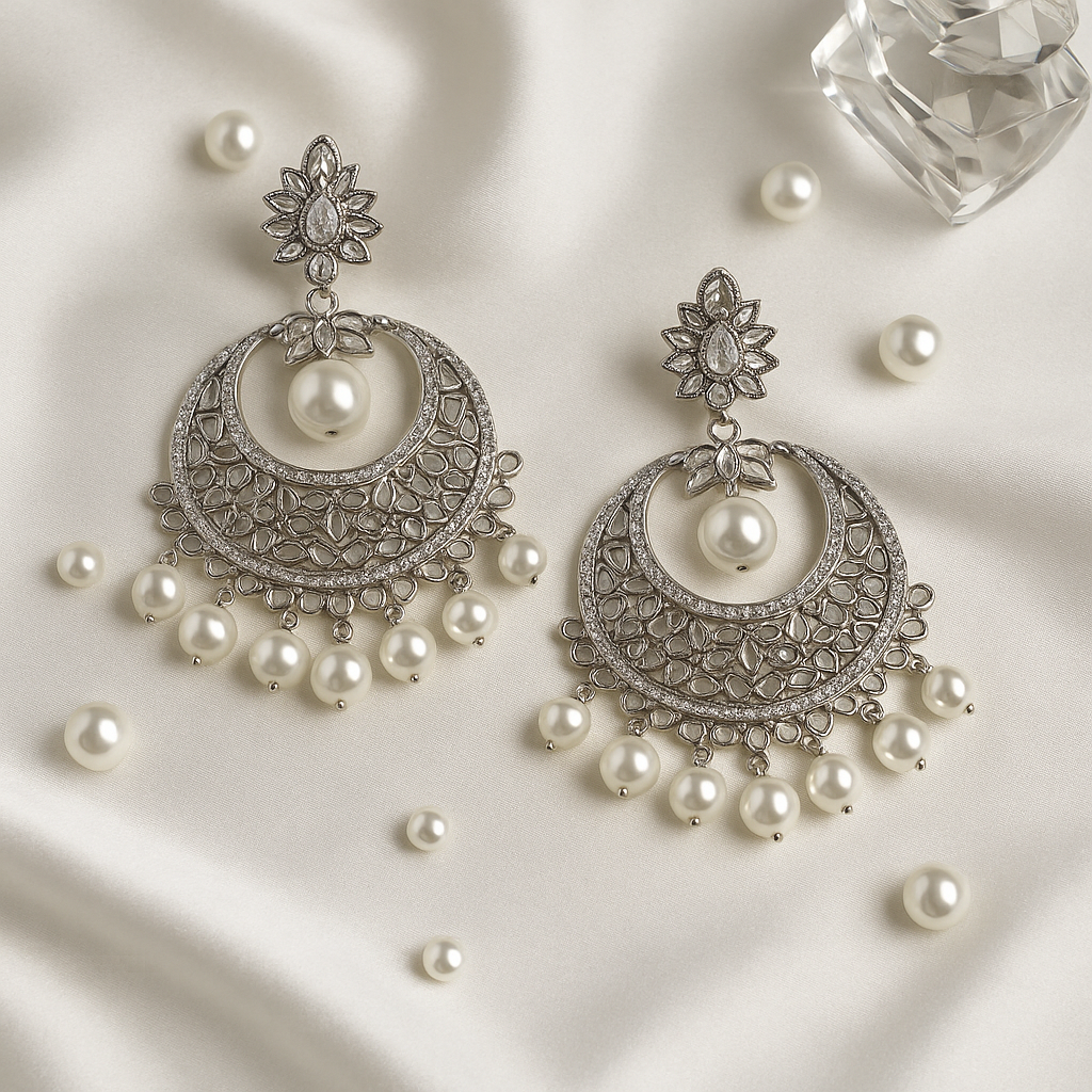 Sitara Silver & Pearl Chandbali Earrings