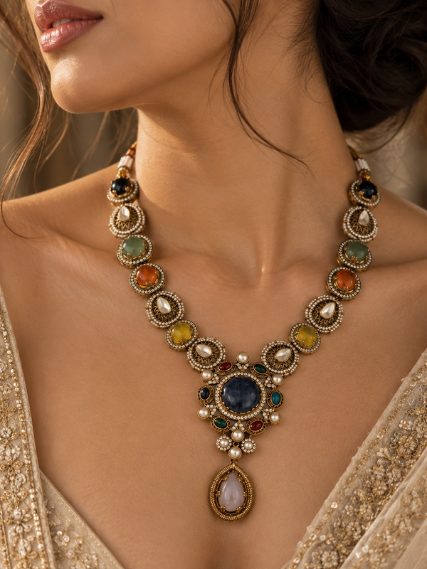 Nayab Navratna Necklace & Earrings Set