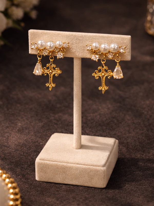 Divina Pearl Cross Drop Earrings