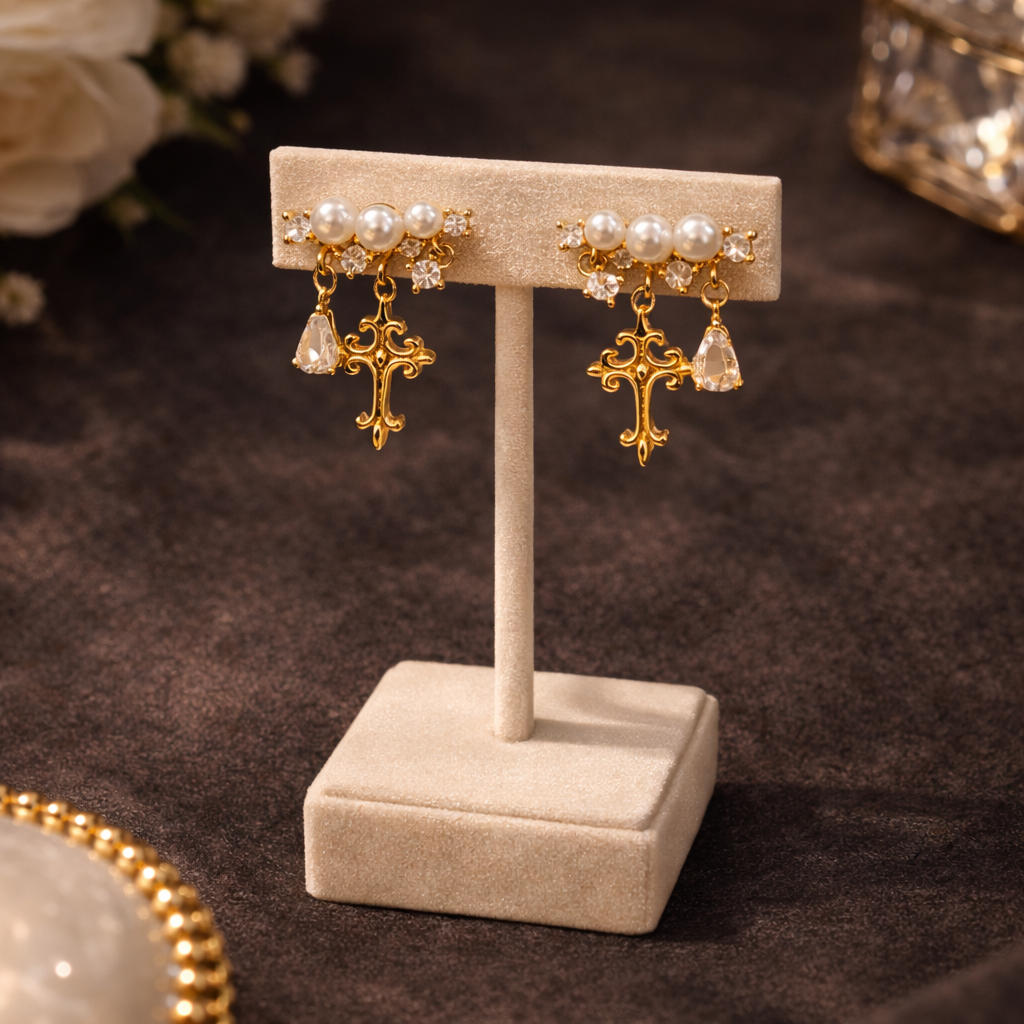Divina Pearl Cross Drop Earrings
