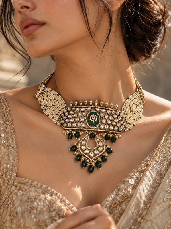 Zehra Emerald Kundan Choker & Chandbali Earrings Set