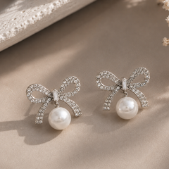 Colette Pearl Bow Stud Earrings (Silver)