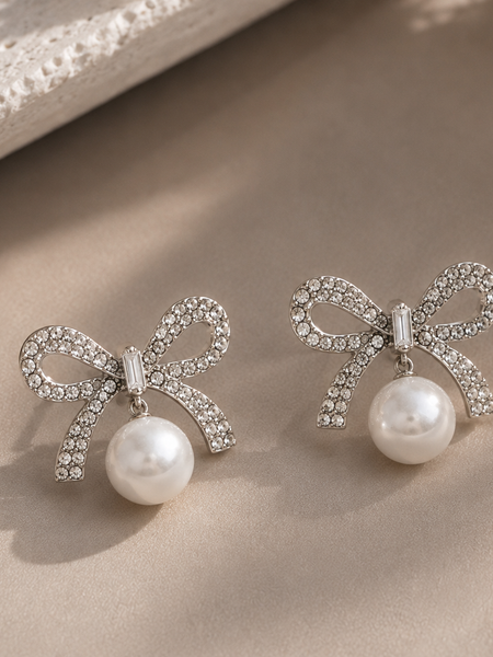Colette Pearl Bow Stud Earrings (Silver)