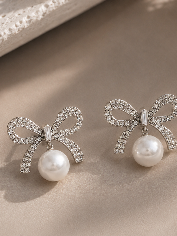 Colette Pearl Bow Stud Earrings (Silver)