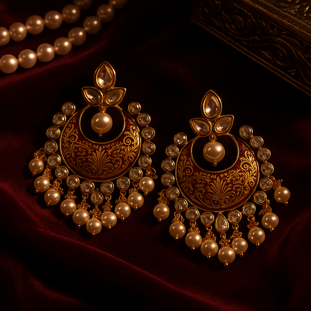 Rajkumari Meenakari & Pearl Chandbali Earrings