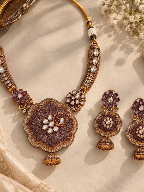 Meher Amethyst Floral Necklace & Jhumka Set