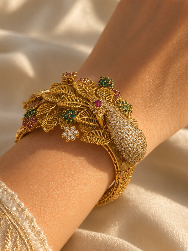 Mayur Pushpa Ruby Emerald Peacock Kada