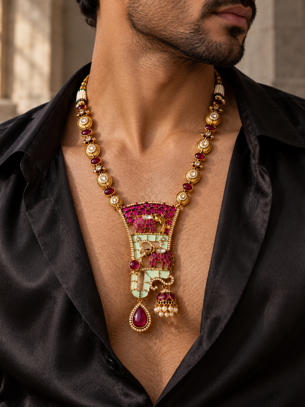 Gajraj Darbar Ruby & Mint Kundan Men's Statement Necklace