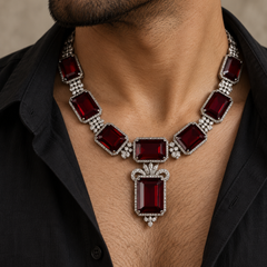 Shahryar Ruby & American Diamond Silver-Plated Men's Statement Necklace