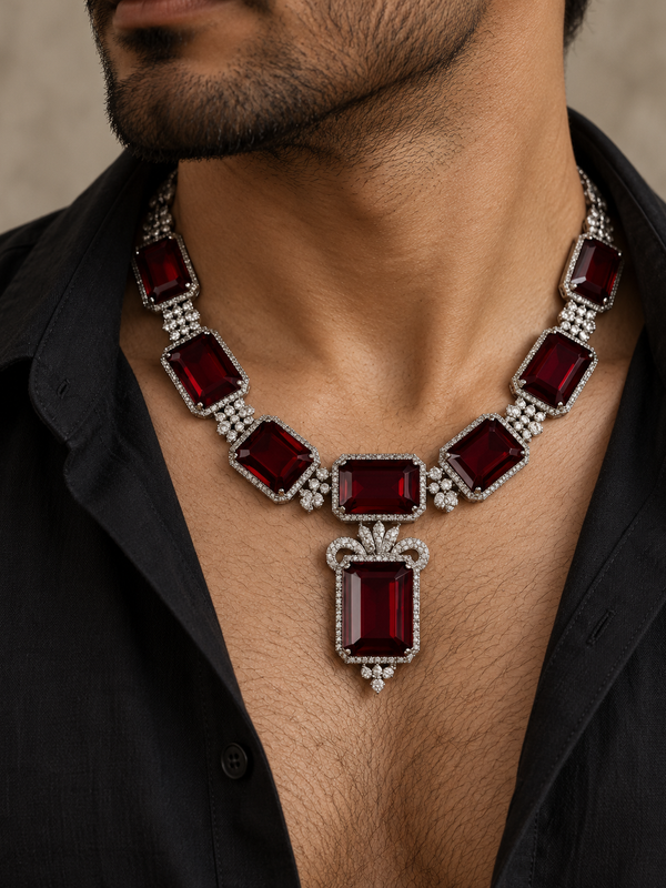 Shahryar Ruby & American Diamond Silver-Plated Men's Statement Necklace