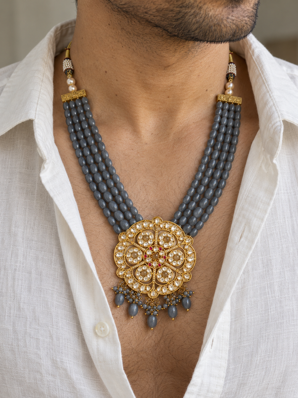 Mehrab Grey Kundan Gold-Plated Men's Statement Necklace
