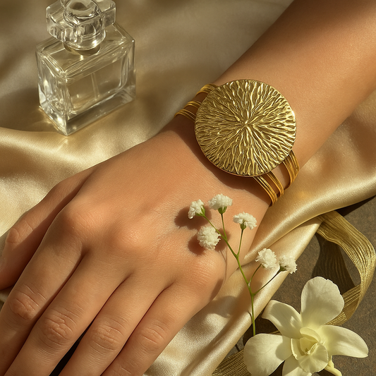 Gold Textured Medallion Cuff Bracelet