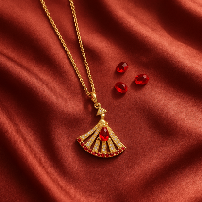 Ruby Radiance Fan Pendant Necklace