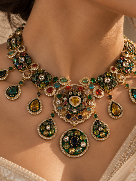 Rangrez Navratna Necklace, Maang Tikka & Earrings Set