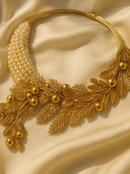 Golden Grace Pearl & Leaf Necklace Set