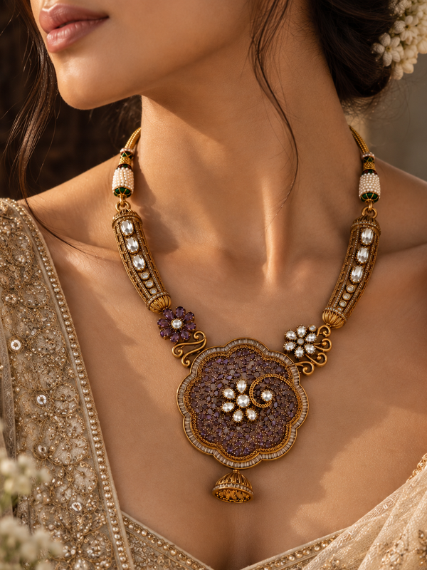 Meher Amethyst Floral Necklace & Jhumka Set