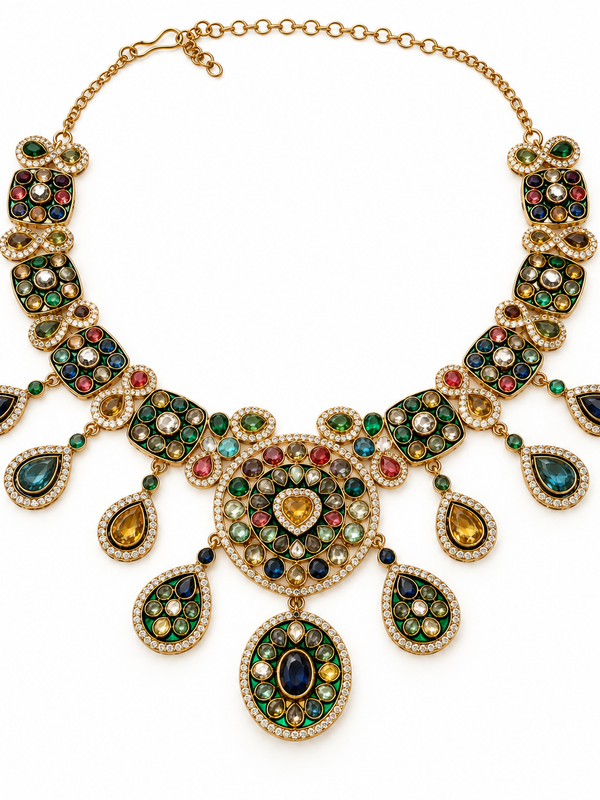 Rangrez Navratna Necklace, Maang Tikka & Earrings Set