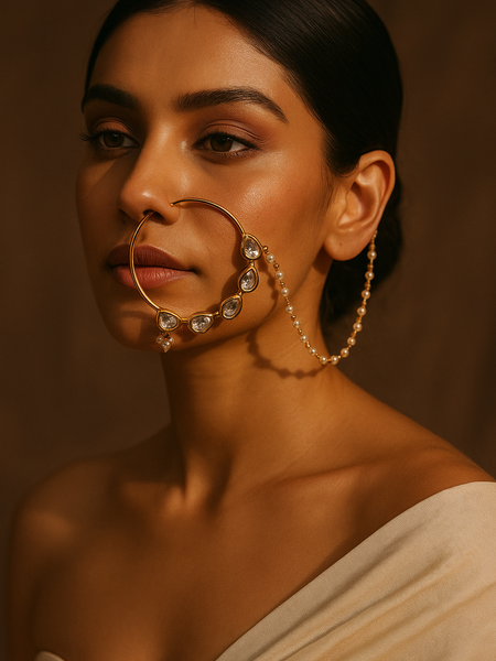 Oversized Kundan & Pearl Bridal Nath with Chain