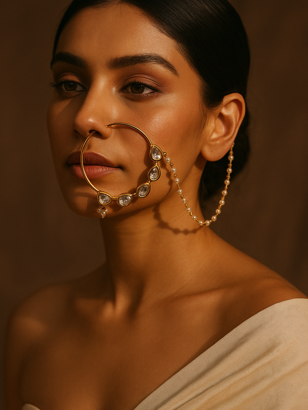 Oversized Kundan & Pearl Bridal Nath with Chain