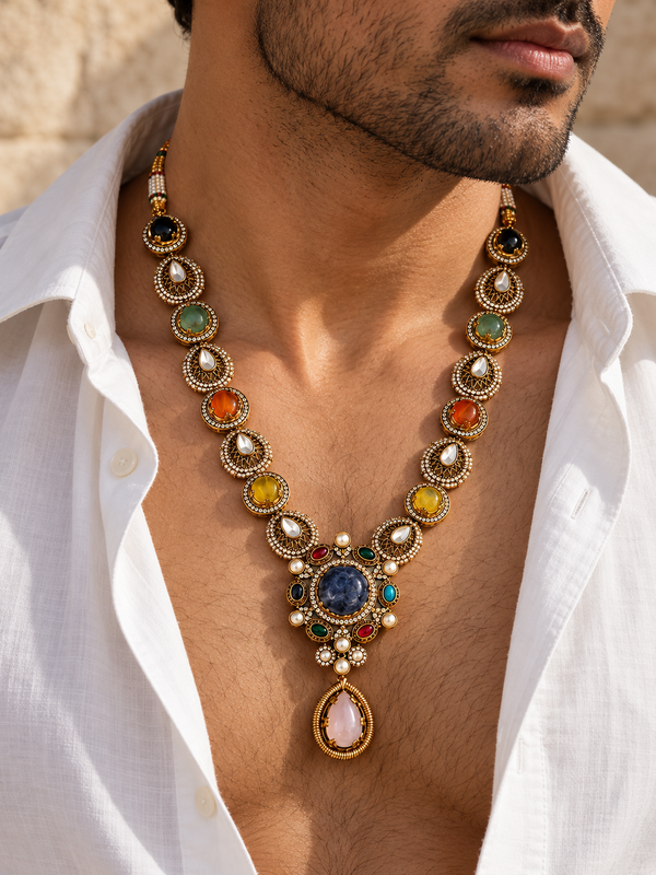 Navrang Maharaja Multicolour Gold-Plated Men's Necklace