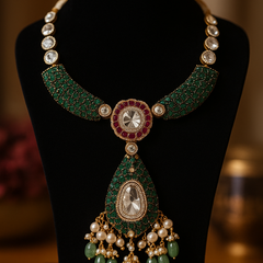 Emerald Kundan Royale Long Pendant Set