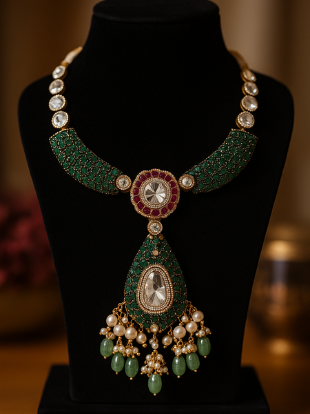 Emerald Kundan Royale Long Pendant Set