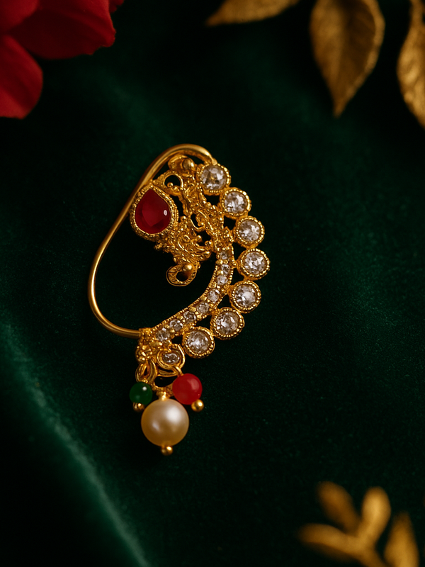 Sparkling Ruby & Pearl Gold Maharashtrian Nath
