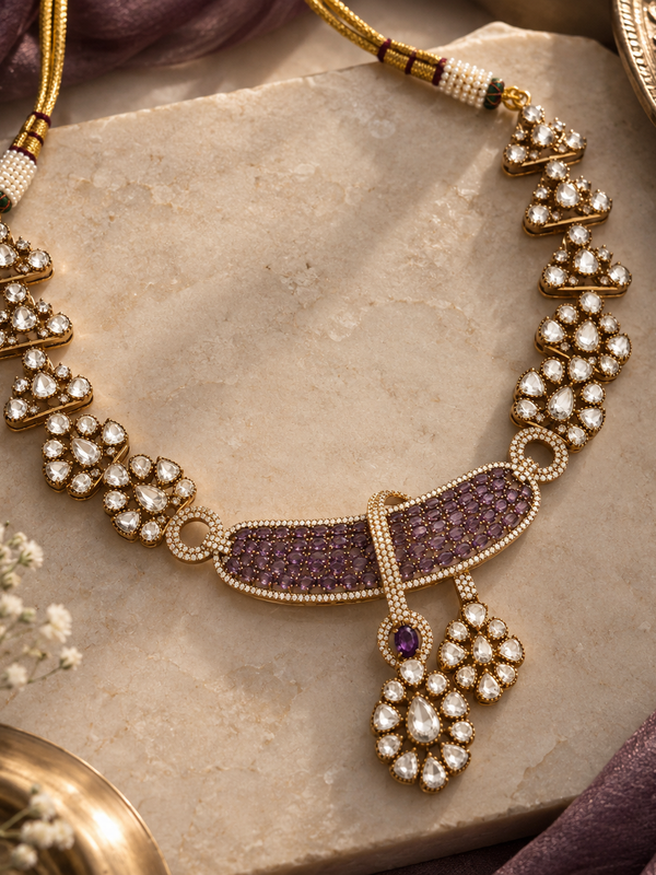 Afsana Amethyst Polki Necklace & Earrings Set