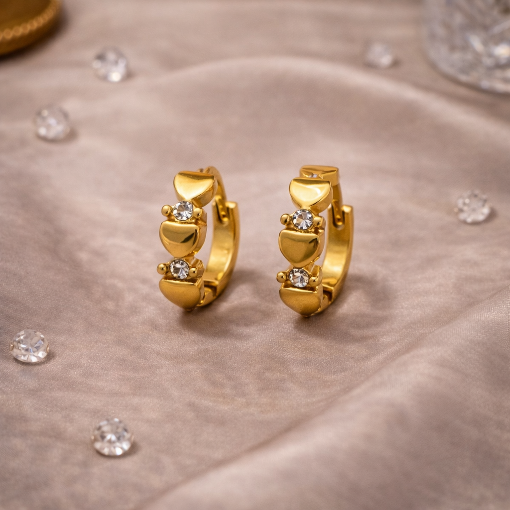 Golden Heart Crystal Huggie Earrings