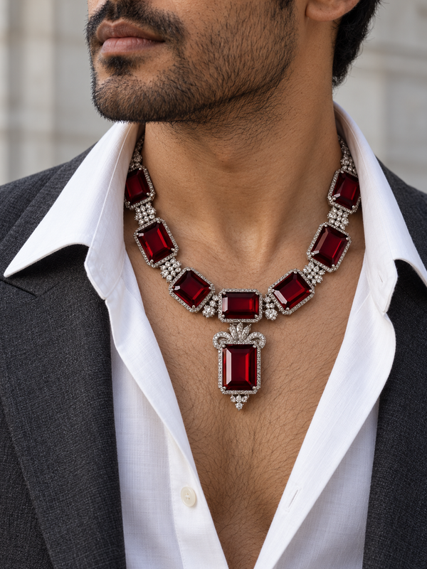 Shahryar Ruby & American Diamond Silver-Plated Men's Statement Necklace