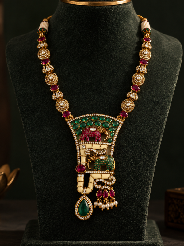Gajraaj Emerald & Ruby Elephant Necklace Set